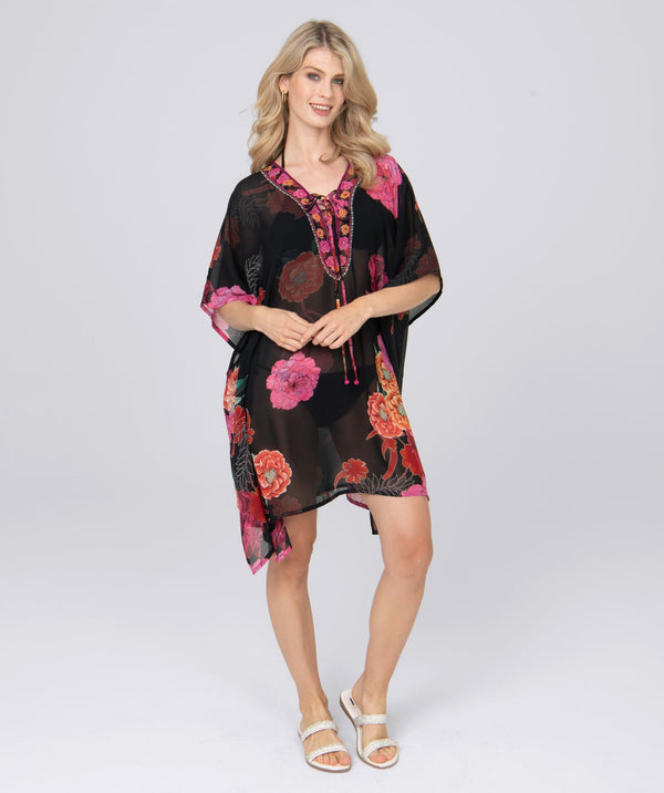 Black Floral Print Kaftan with Beaded Embellishments