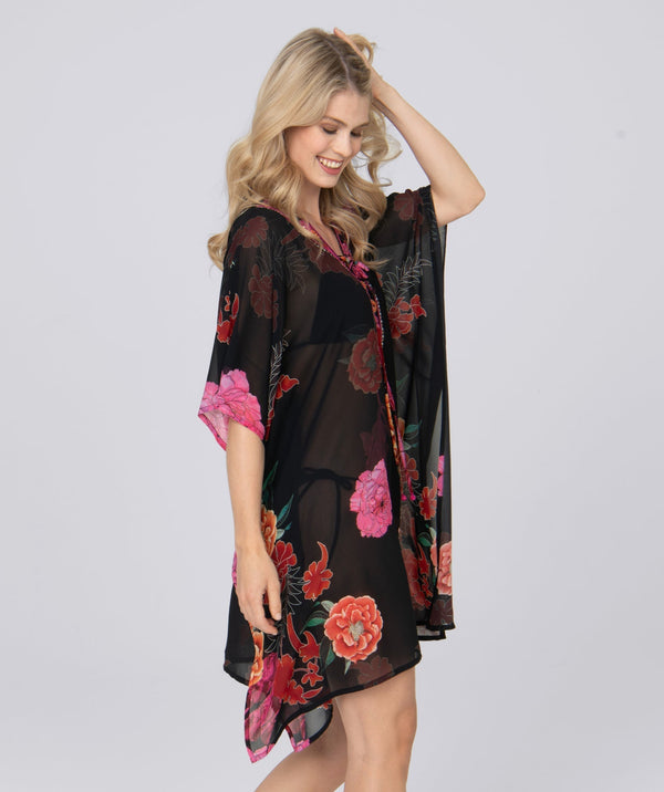 Side View: Black Floral Print Kaftan with Beaded Embellishments