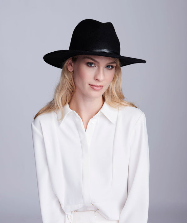 Black Wool Fedora Hat with PU Belt Band