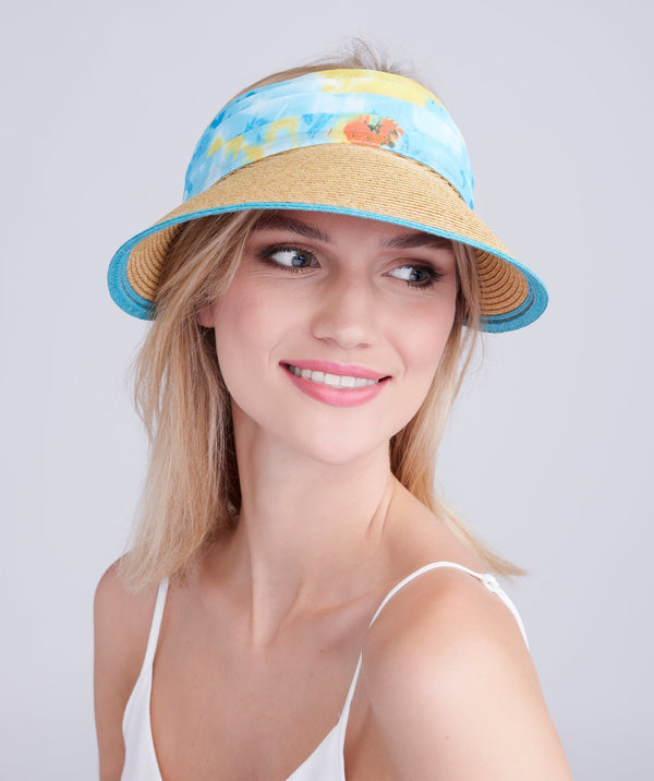 Natural Wide Brim Sun Visor with Printed Turquoise Chiffon Ties