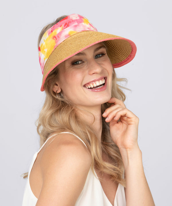 Natural Wide Brim Sun Visor with Printed Fuchsia Chiffon Ties