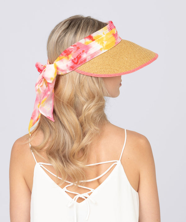 Natural Wide Brim Sun Visor with Printed Fuchsia Chiffon Ties