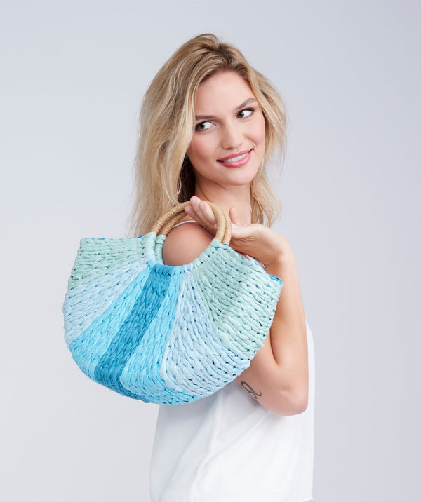 Pale Turquoise Woven Straw Bag with Twin Rattan Top Handles