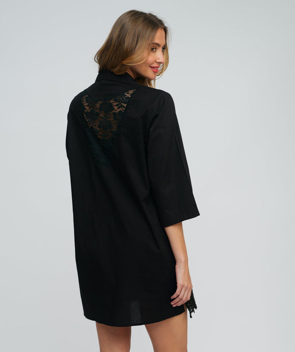 Black Cotton Lace Trim Shirt Dress