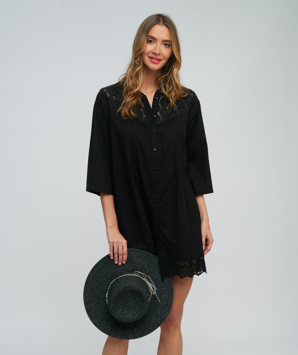 Black Cotton Lace Trim Shirt Dress