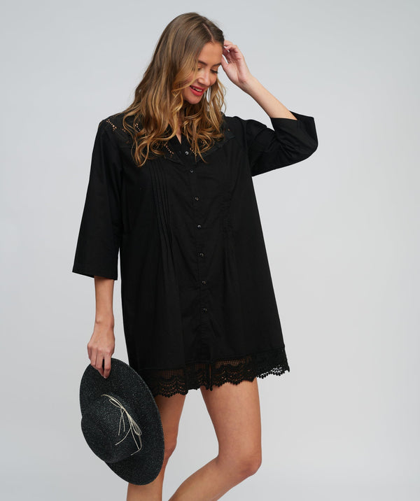 Black Cotton Lace Trim Shirt Dress