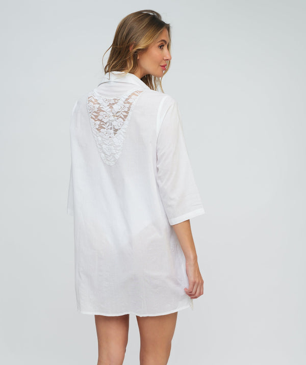 White Cotton Lace Trim Shirt Dress