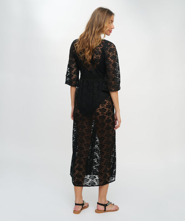 Black Floral Lace Kimono with Sheer Sleeves and Waist Tie