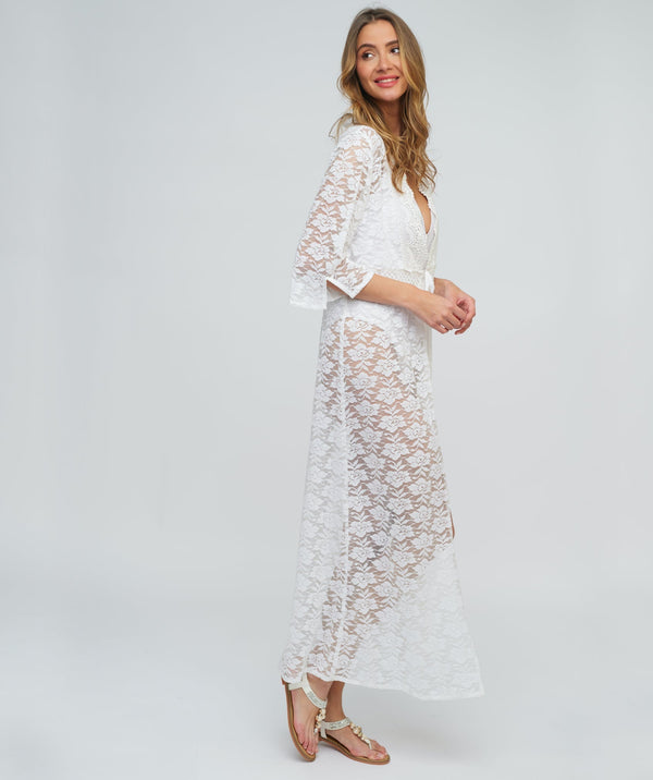 White Floral Lace Maxi Kimono