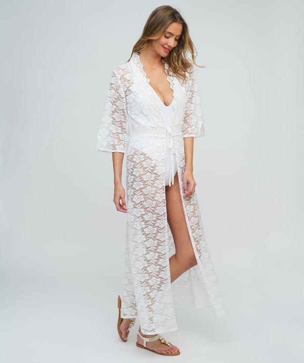 White Floral Lace Maxi Kimono