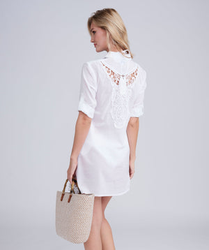 Back View: Ivory Crochet Midi Beach Dress with Lace-Up Neckline