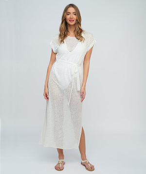 White Stripe Maxi Dress with Side Slits and Waist Tie