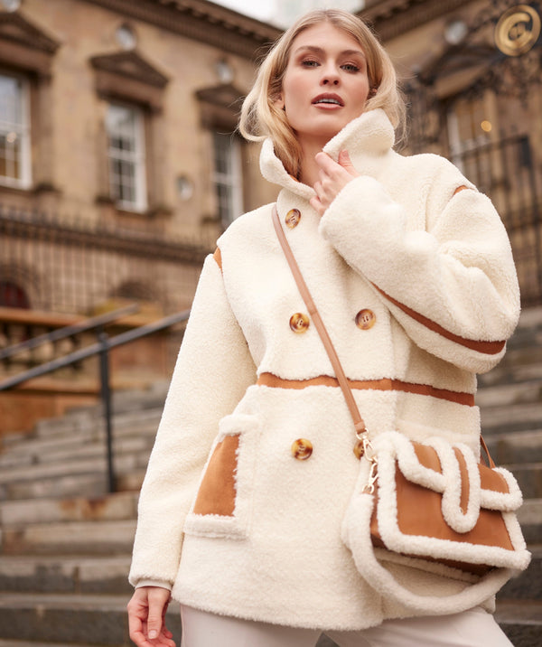 Cream/Tan Faux Fur Crossbody Bag with Button Closure