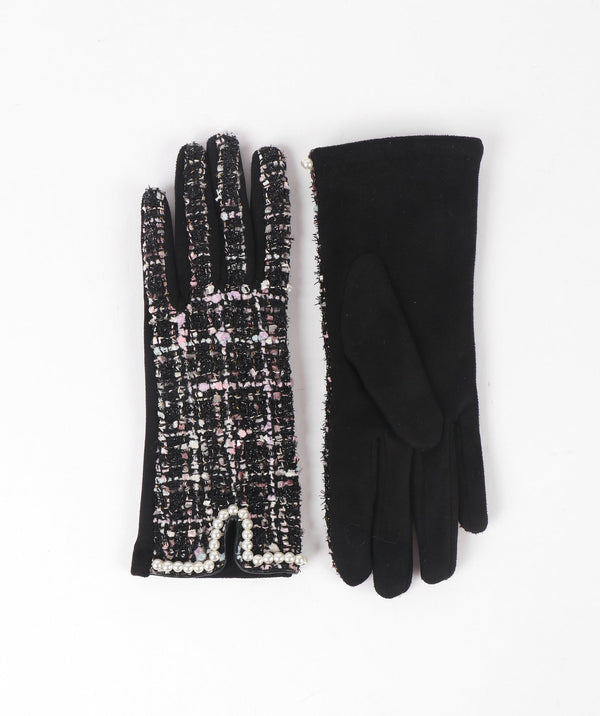 Black Boucle Patterned Glove with a Faux Suede Palm