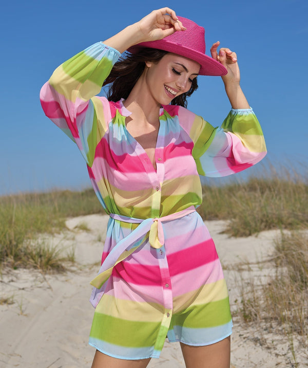 Multicoloured Rainbow Striped Beach Dress with Tie Belt