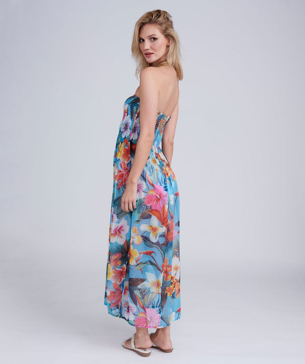 Back View: Blue Floral Print Maxi Dress with Bandeau Elasticated Top