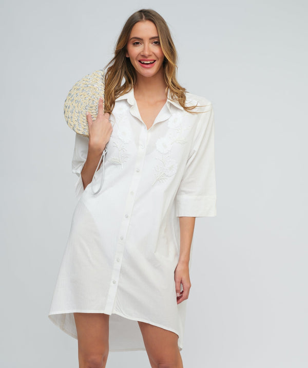 White Floral Shirt Dress with Bead Embellishments