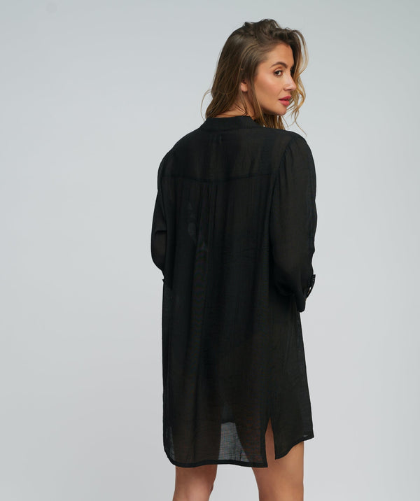 Black Fringed Beach Shirt Dress