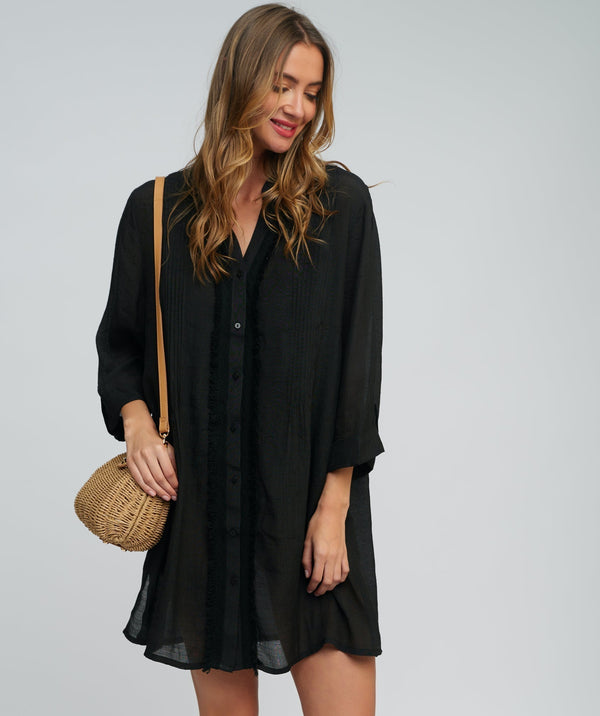 Black Fringed Beach Shirt Dress