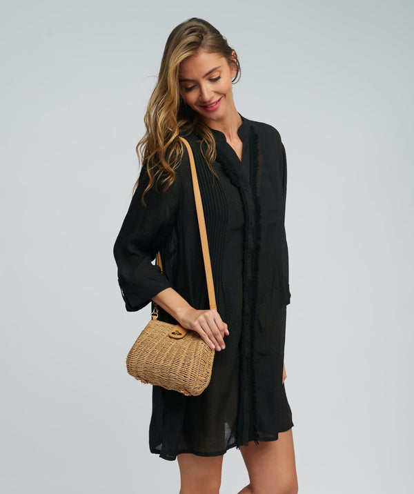 Black Fringed Beach Shirt Dress