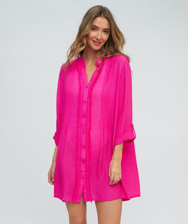 Deep Pink Fringed Beach Shirt Dress