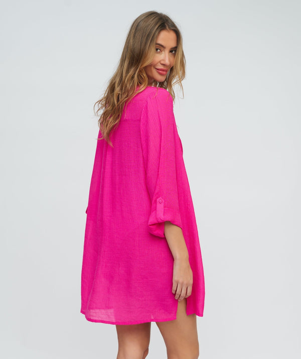 Deep Pink Fringed Beach Shirt Dress