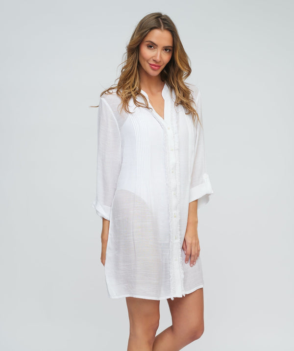 White Fringed Beach Shirt Dress