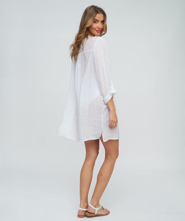 White Fringed Beach Shirt Dress