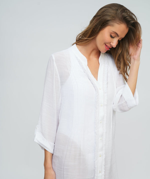 White Fringed Beach Shirt Dress