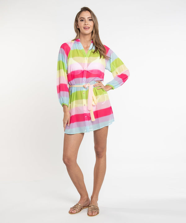 Multicoloured Rainbow Striped Beach Dress with Tie Belt