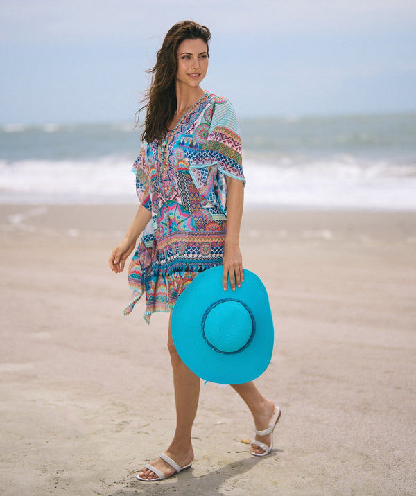 Side View: Pale Turquoise Aztec Print Kaftan with Embellished Neckline