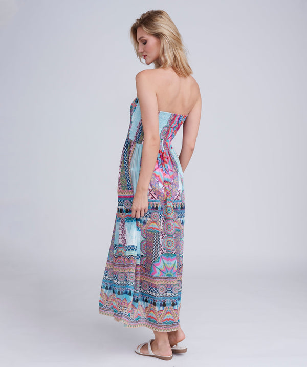 Back View: Pale Turquoise Aztec Print Strapless Maxi Dress with Elasticated Waist