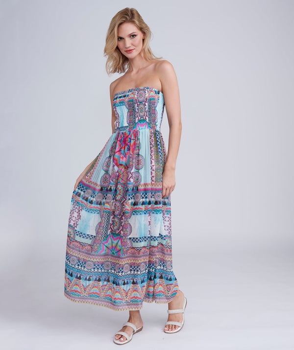 Pale Turquoise Aztec Print Strapless Maxi Dress with Elasticated Waist