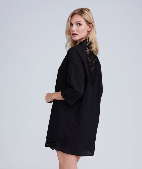 Back View: Black Lace-Trimmed Beach Shirt with V-Neck and Buttons