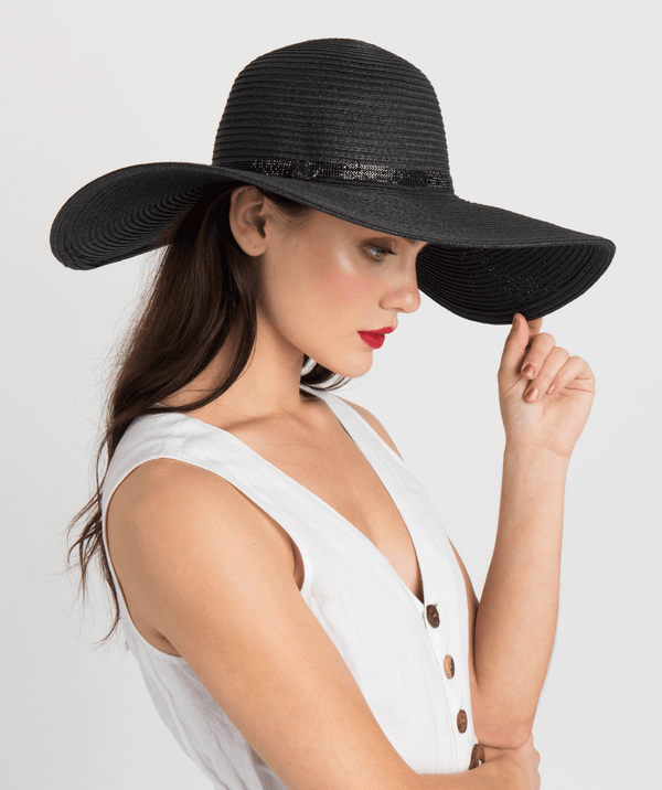 Black Wide Brim Straw Hat with Rhinestone Belt