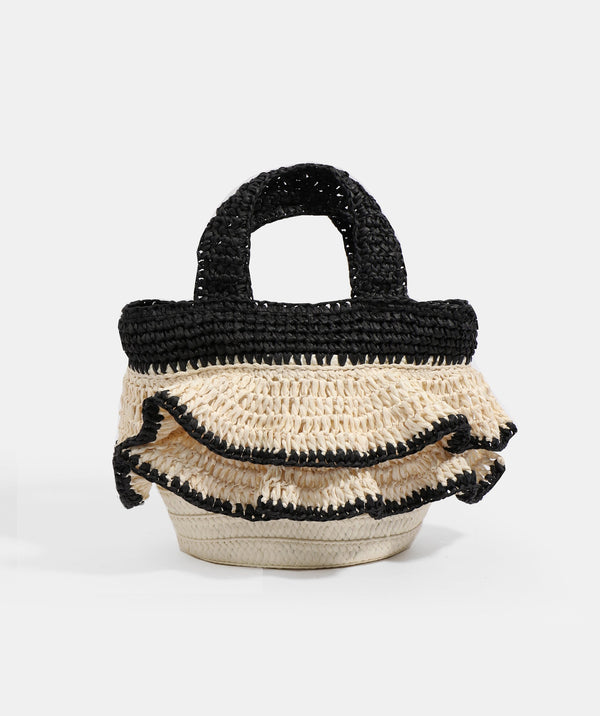 Sand/Black Ruffle Detail Bag with Crossbody Strap