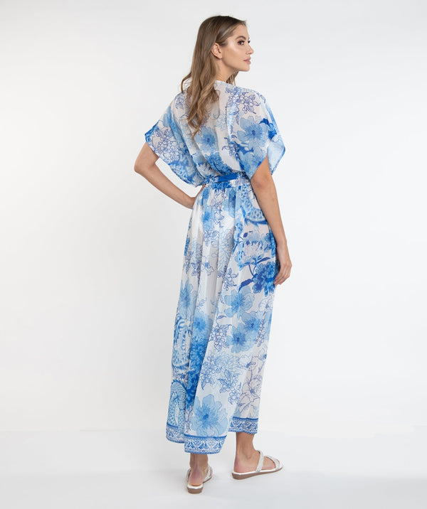 Blue Tile Print Maxi Dress with Beaded Embellishments