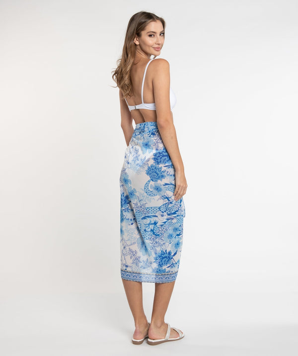 Blue Floral Print Sarong in Lightweight Crease-Free Fabric