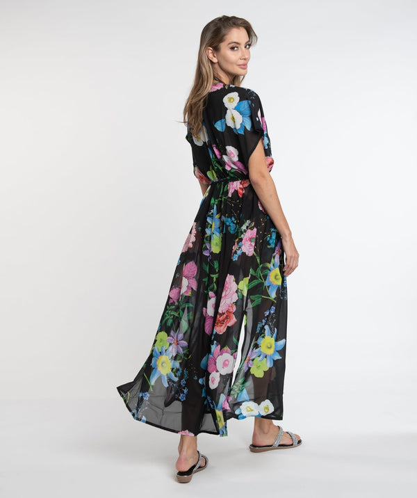 Black/Pink Floral Print Maxi Cover Up with Embellished Beading