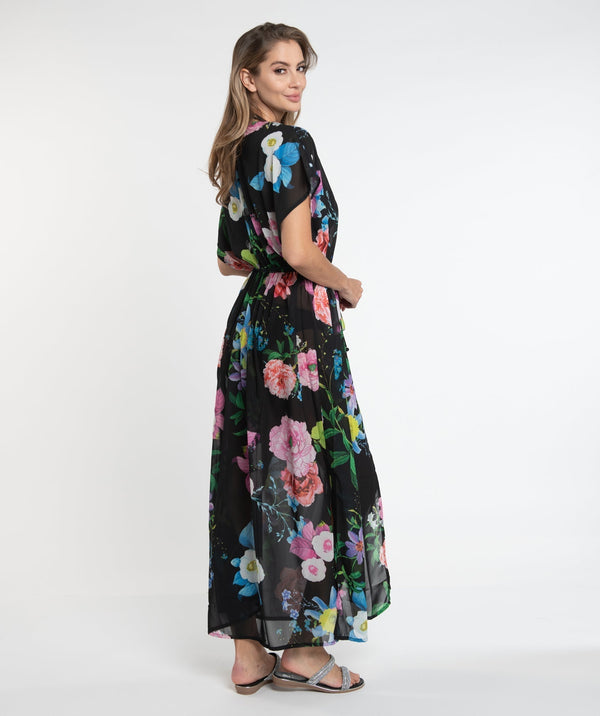 Black/Pink Floral Print Maxi Cover Up with Embellished Beading