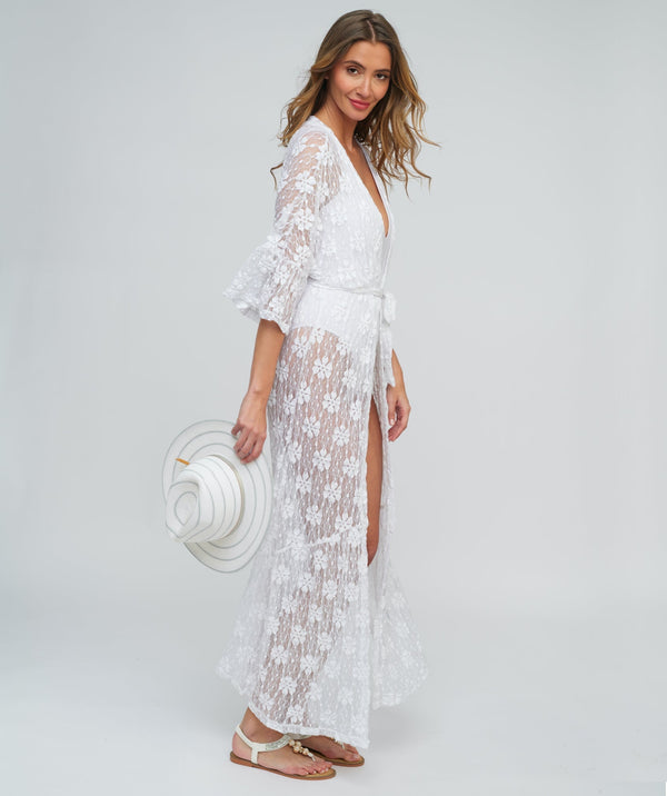 White Lace Maxi Beach Kimono Cover-up