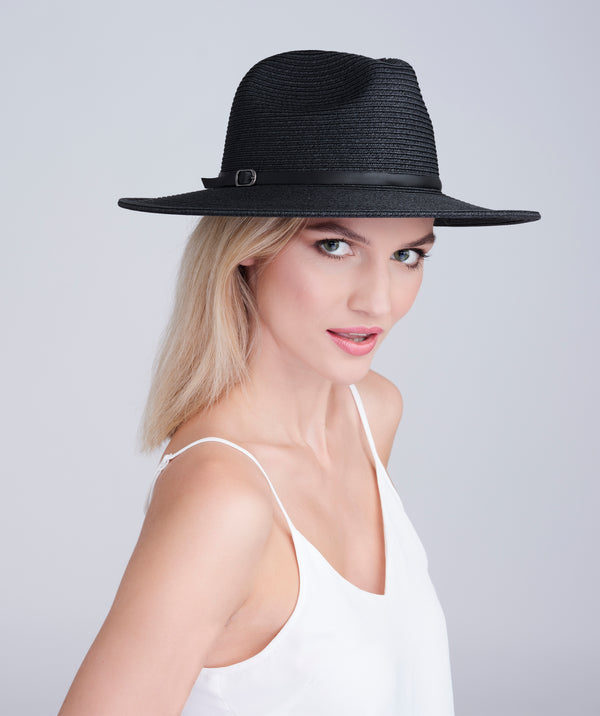 Black Wide Brim Straw Hat with Faux Leather Belt