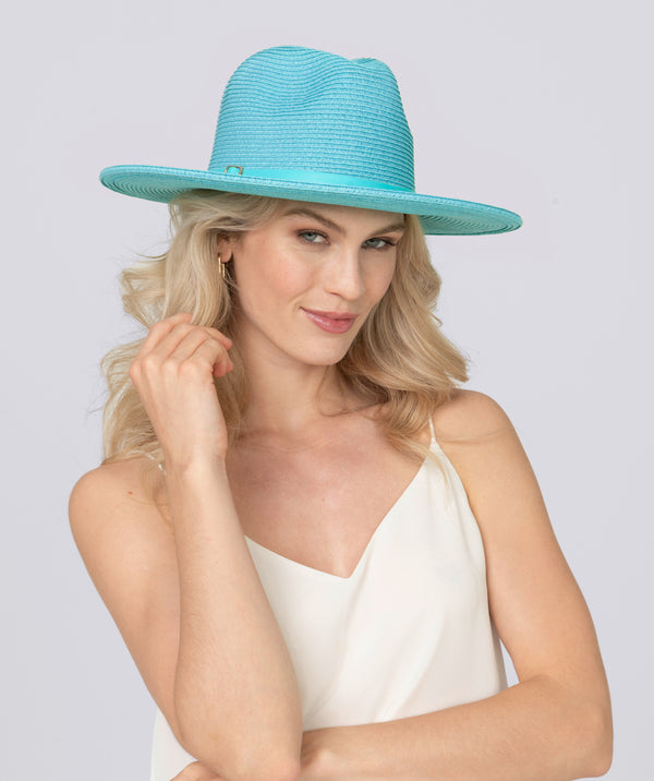 Turquoise Straw Fedora Hat with Belt Headband and UVA Sun Protection