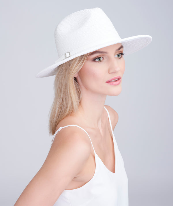 White Wide Brim Straw Hat with Faux Leather Belt