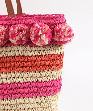 Natural and Pink Striped Tote Bag with Zip Closure and Interior Pockets