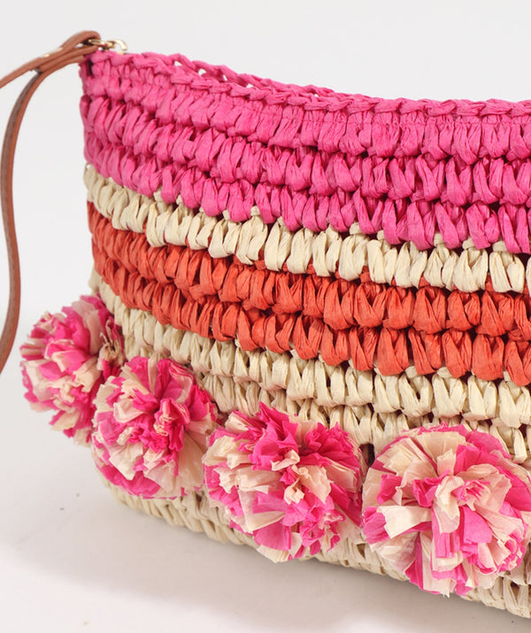 Natural/Pink Striped Tote Clutch Bag with Pom Pom Detail