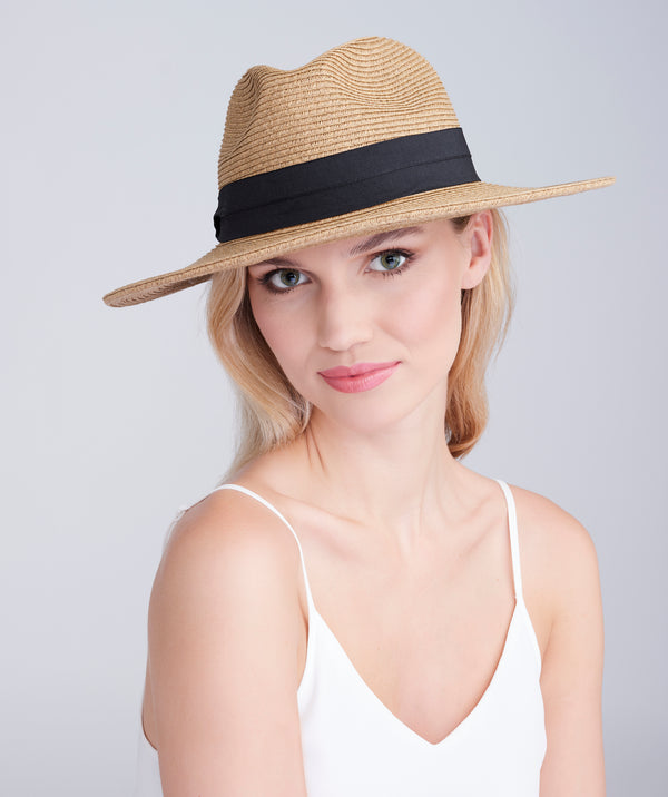 Natural Straw Fedora Hat with Black Ribbon Trim