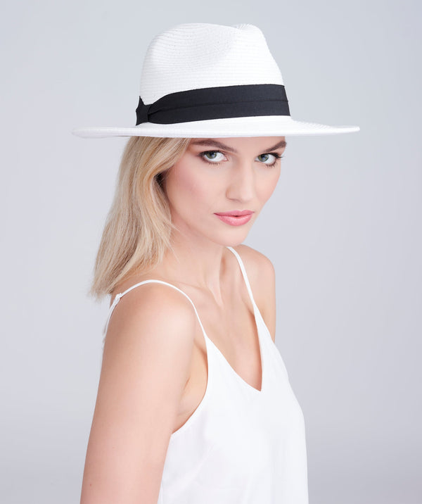 White Straw Fedora Hat with Black Ribbon Trim