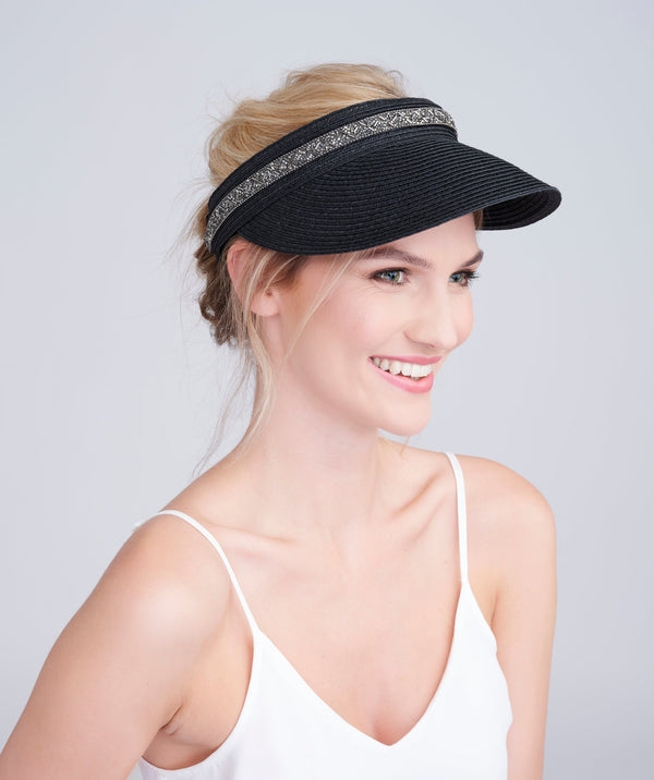 Black Embellished Bead Trim Visor with UPF 50