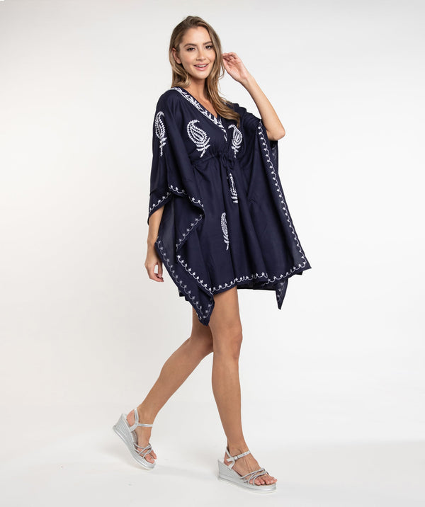 Navy/White Cotton Cover up with Contrast Embroidery and Drawstring Waist